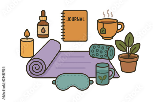 Self-care and wellness objects including yoga mat journal essential oil candle and tea cup