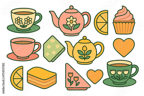 Colorful retro style tea party set with teacups teapots desserts and decorative elements