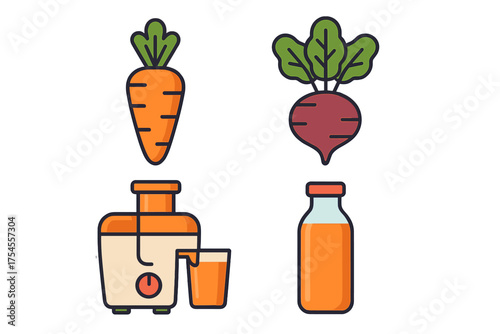 Icons of fresh carrot and beet root vegetables, juicer appliance, and bottled juice for healthy lifestyle