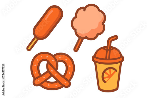 Corn dog, cotton candy, pretzel, and beverage cup set for amusement park snacks collection