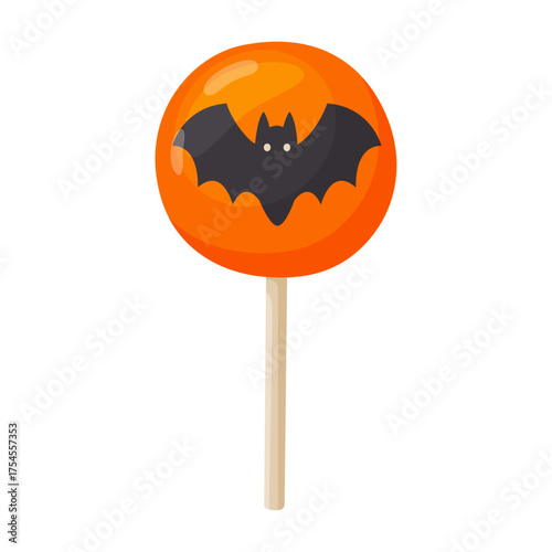 Halloween lollipop with a bat, flat vector style. festive decorative candy. Halloween, spooky October holiday. trick or treat night. for party invitation, poster, greeting card, sticker.