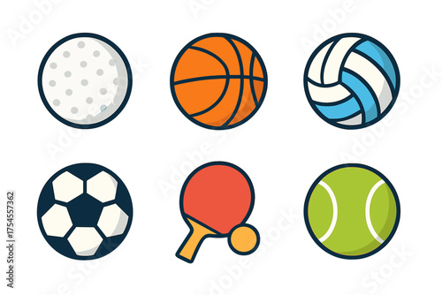 Six colorful sports equipment symbols including golf, basketball, volleyball, soccer, table tennis, and tennis