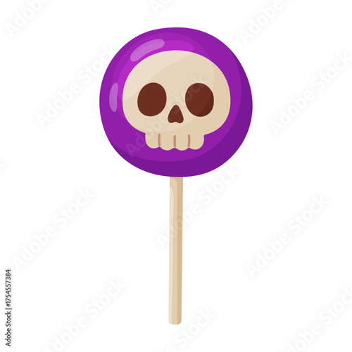 Halloween lollipop with skull, flat vector style. festive decorative candy. Halloween, spooky October holiday. trick or treat night. for party invitation, poster, greeting card, sticker.