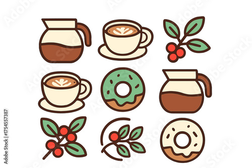 Stylized coffee shop items including cups, carafes, beans, and sweet donuts
