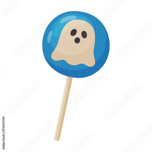 Halloween lollipop with ghost, flat vector style. festive decorative candy. Halloween, spooky October holiday. trick or treat night. for party invitation, poster, greeting card, sticker.