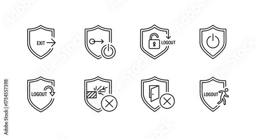 Logout and exit line icons on shield isolated on white background