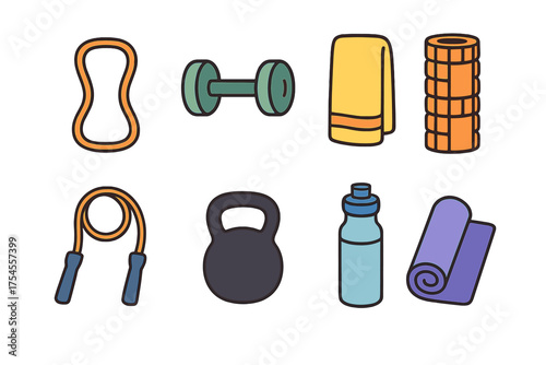 Set of essential fitness accessories including dumbbell kettlebell jump rope and yoga mat