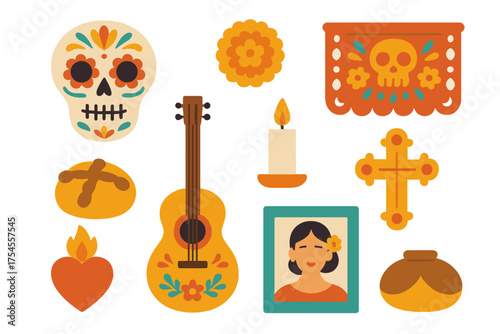 Traditional Mexican Day of the Dead altar elements including sugar skull, guitar, and marigold flowers