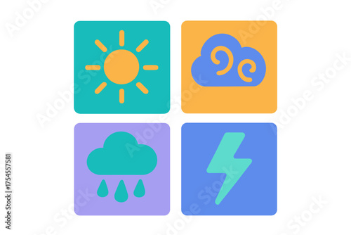 Modern weather forecast symbols featuring sun, wind, rain, and lightning in bright colors