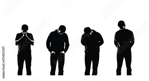 Four silhouetted figures in black clothing, each performing a variation of a neck stretch or tilt against a white background.
