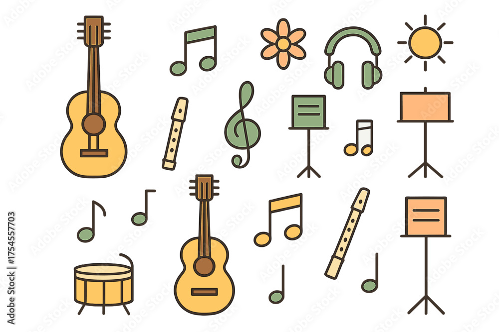 Fototapeta premium Assortment of musical instruments, sheet music stands, headphones, and notes in a playful style