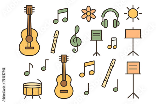 Assortment of musical instruments, sheet music stands, headphones, and notes in a playful style