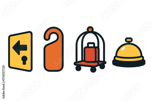 Essential hospitality and hotel service symbols including bell, luggage cart, door hanger, and exit sign