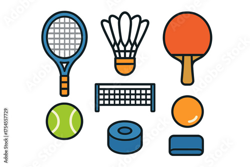 Set of flat outline icons representing various racket sports equipment and ice hockey gear