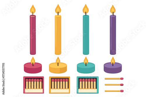 Colorful burning pillar and tealight candles with matchboxes and loose matches set