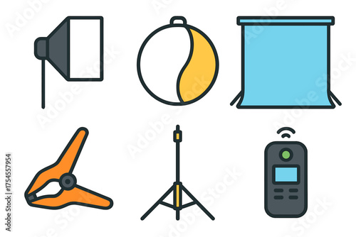 Professional photography studio equipment icons for lighting, stands, and camera control