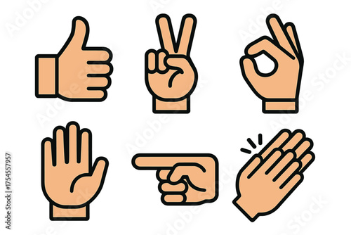 Popular human hand gestures collection including thumbs up, peace sign, OK symbol, pointing, and clapping