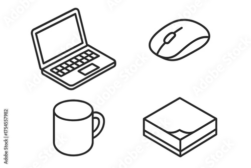 Isometric outline icons set featuring essential office and remote work objects