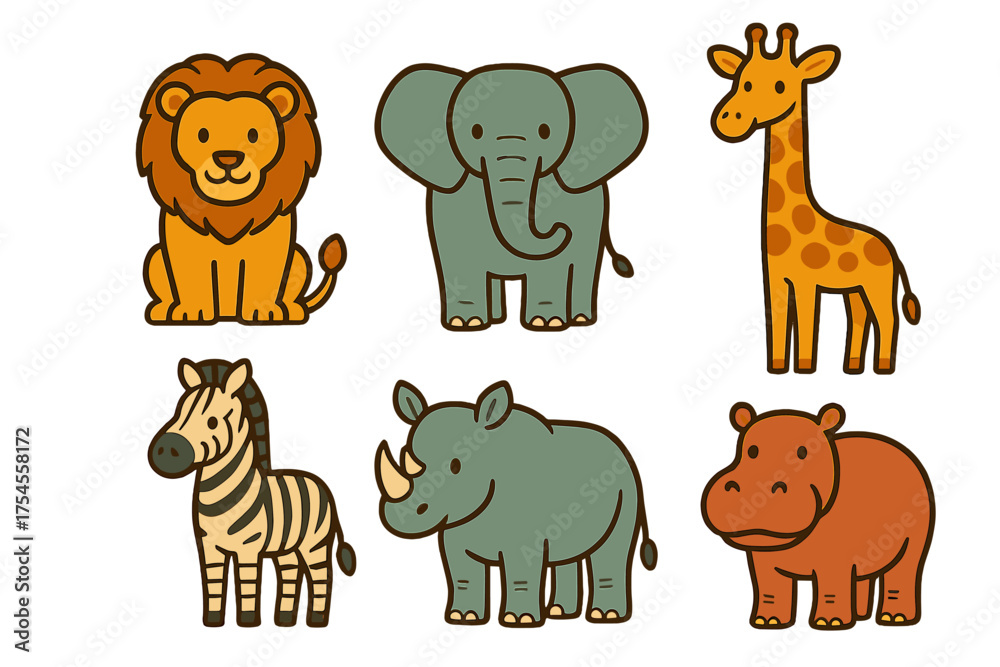 Naklejka premium Cute cartoon set of six African safari animals: lion, elephant, giraffe, zebra, rhinoceros, and hippopotamus