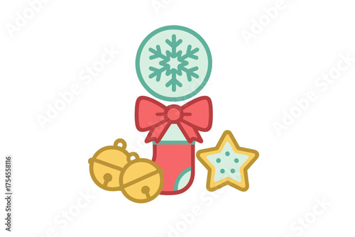 Festive Christmas stocking with a red bow, golden jingle bells, and a snowflake ornament