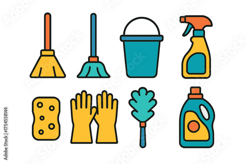 Colorful set of household cleaning equipment and supplies including broom mop bucket and spray bottle