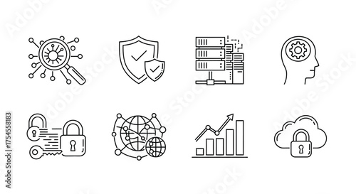 Collection of data protection icons isolated on white background