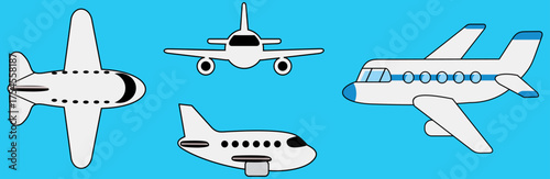 3D airplane. Realistic jet aircraft, plane toy soft render cartoon. Passenger planes front, side and top view flying in blue sky. Vector set for airline and tourism ads