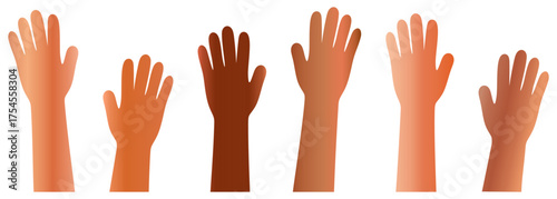 Hands raised up. raised cartoon hands in various skin tones. Many arms. Unity, diversity and support, vote and multiculturalism. Teamwork soft render vector concept
