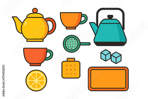 Colorful collection of tea preparation items including teapots, cups, kettle, and lemon slice