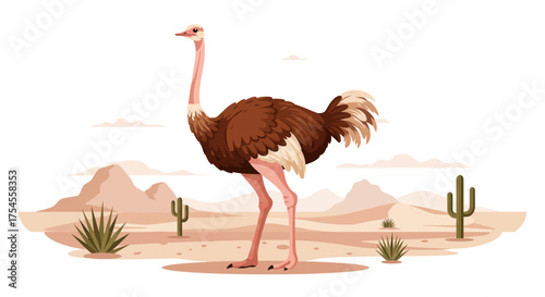 Cartoon Ostrich Standing in a Desert Landscape Illustration
