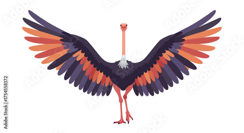 Cartoon Ostrich with Colorful Wings Spread Wide
