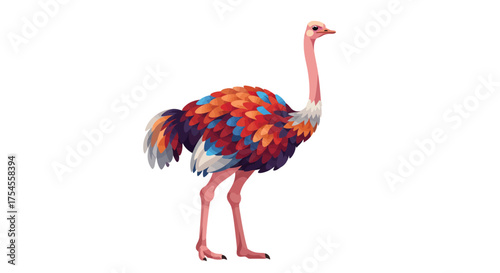 Colorful Ostrich Illustration with Detailed Plumage and Long Neck