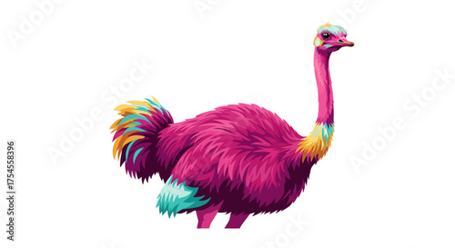 Vibrant Pink Ostrich with Colorful Accents Illustration