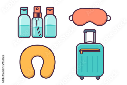 Essential travel accessories collection including luggage, toiletries, neck pillow, and sleeping mask