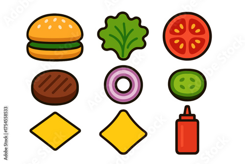 Cartoon hamburger ingredients set: bun, patty, lettuce, tomato, onion, pickle, cheese, ketchup bottle