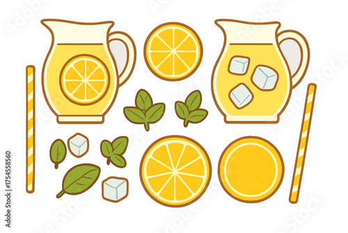 Refreshing summer lemonade drink ingredients set with pitchers, lemon slices, mint leaves, and ice cubes