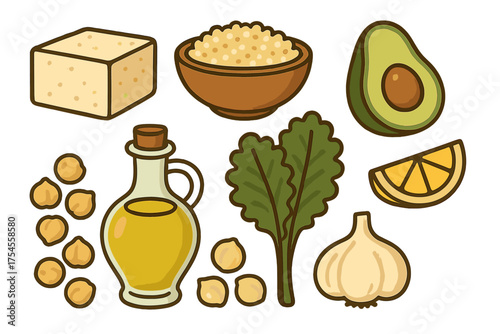 Set of healthy plant-based ingredients including tofu, quinoa, avocado, and fresh vegetables