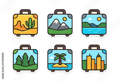 Colorful travel suitcases representing desert, mountain, forest, island, and city destinations