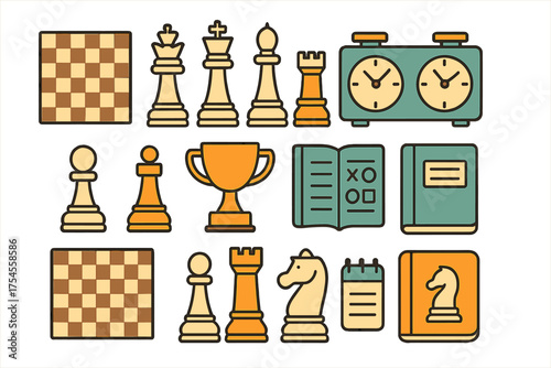 Collection of chess game elements including king queen rook knight pawn board clock trophy and scorebooks