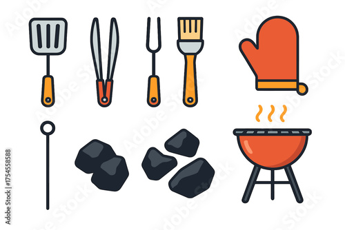 Essential barbecue grilling tools and equipment set including charcoal briquettes and grill