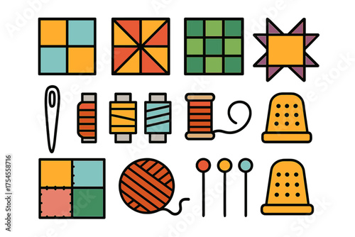 Colorful collection of quilting blocks, thread spools, needle, thimbles, and sewing pins
