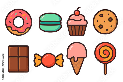 Colorful set of popular dessert symbols including donut, macaron, cupcake, cookie, chocolate bar, and lollipop
