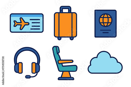 Essential items for air travel including passport, boarding pass, luggage, headset, and seat