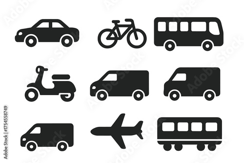 Set of black silhouette icons representing various modes of transportation and travel
