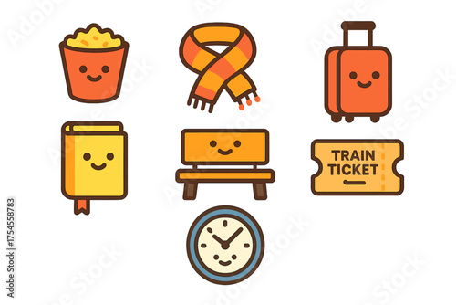 Adorable anthropomorphic icons of travel and leisure items including suitcase, ticket, scarf, book, and clock