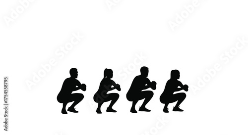 Four silhouetted figures performing a squat exercise in unison, emphasizing group fitness and physical activity.