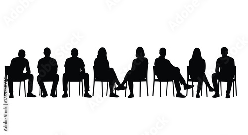 A diverse group of silhouettes of people sitting on chairs, showcasing various postures and genders against a white background.