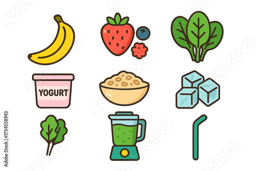 Banana strawberry spinach yogurt oats and blender for making healthy smoothies