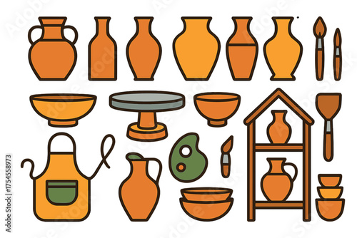Collection of ceramic pottery objects and essential tools for crafting and artistic creation