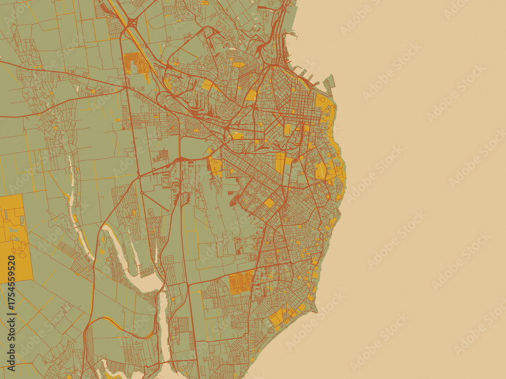 Fototapeta premium Decorative flat city map of Odesa, Ukraine using earthy sage background with rust roadways and ochre details.
